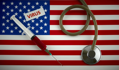 Stethoscope and syringe on USA flag with coronavirus label