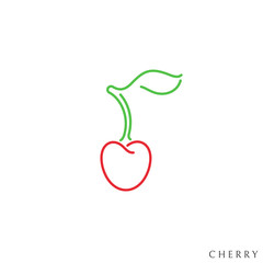 Cherry. Outline style. Isolated berry with leaf on white background 