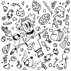 Doodle young man pizza school ice cream vector black on white background