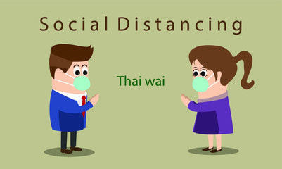 Social distancing concept. man and woman say hello togetther by "Thai wai" action for stop infection corona virus. Vector illustration by cartoon style.