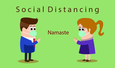 Social distancing concept. man and woman say hello togetther by "Namaste" action for stop infection corona virus. Vector illustration by cartoon style.