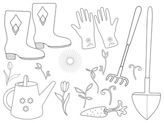 the agricultural set. rubber boots, shovel, rake, watering can, gloves, sprouts. garden tool. black and white outline drawing by hand. Doodle style. coloring, template, print.