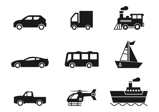 solid icons for car,truck,bus,helicopter,pickup truck,train,boat,ship,transportation,vector illustrations