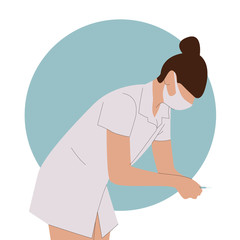 Female nurse wearing uniform holds a syringe to do an injection vector illustration. Medical drug injection and vaccination,