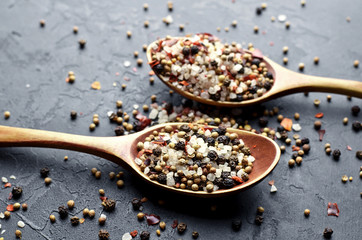 Blend of spices mixed in wooden spoons on dark background. Pepper, sea salt, cardamon, mustard seed and paprika flakes. Food ingredients photography