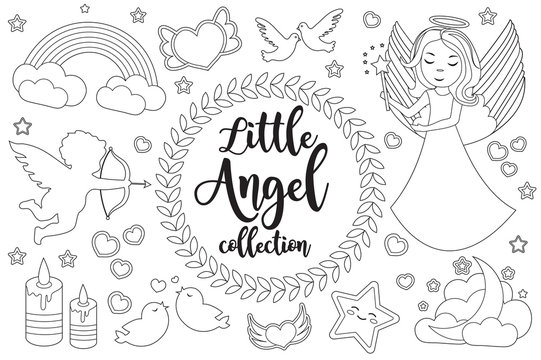 Cute little angel set Coloring book page for kids. Collection of design element sketch outline style. Kids baby clip art funny smiling kit. Vector illustration