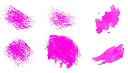 Abstract set of purple watercolor splashes, blot and scratches
