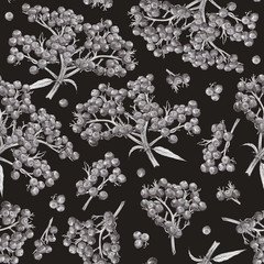 Seamless pattern with elderberry branches. Ripe medicinal berries in a graphic style for wrapper, textile, scrapbooking paper, gift box, on a dark background