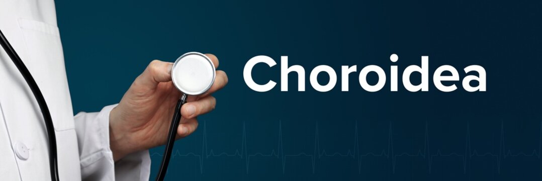 Choroidea. Arzt im Kittel hält Stethoskop. Das Wort Choroidea steht daneben. Symbol für Medizin, Krankheit, Gesundheit
