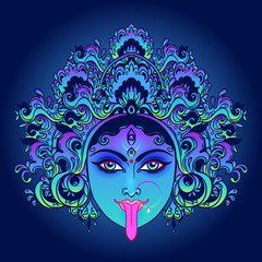 Portrait of Indian Hindi goddess Kali. Female blue head with open moth and out stuck tongue. Destroyer of evil forces. Diety, spiritual art. Occultism and witchcraft. Vector isolated illustration. - obrazy, fototapety, plakaty