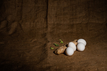 Healthy food. Ginger with white eggs isolated on sackcloth background