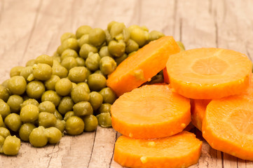 Peas and carrot rings close-up