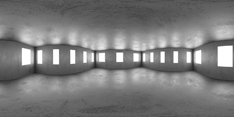 Full 360 degree equirectangular panorama hdri of concrete industrial grunge building interior 3d...