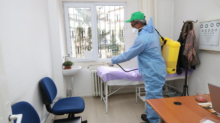Ankara, Turkey - April03, 2020: Cleaning and Disinfection at town complex amid the coronavirus epidemic . Spraying of disinfectants in anticipation of Covid-19