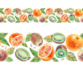 Seamless borders from ripe orange, kiwi, slices of fruits and leaves.Watercolor drawing. Design for duct tape, adhesive tape, restaurant and cafe menu, wallpaper.