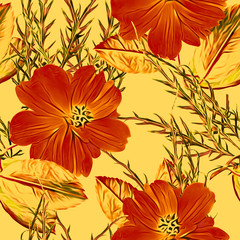 Daffodile flowers with leaves, seamless pattern.