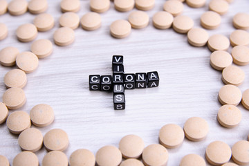 Word Inscription coronavirus on wooden background in frame with medical pills. Corona...