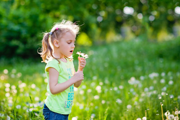 Happy small girl blowing dandelion flower outdoors. Girl having fun in spring park. Blurred background in sunset