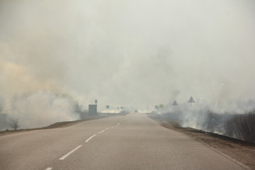 Smoke on the road, burning roadsides, rural landscape