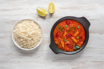 Mixed vegetable Goan curry with basmati rice, Indian food