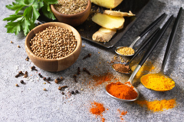 Set of Indian spices and herbs selection on a stone table. Copy space.