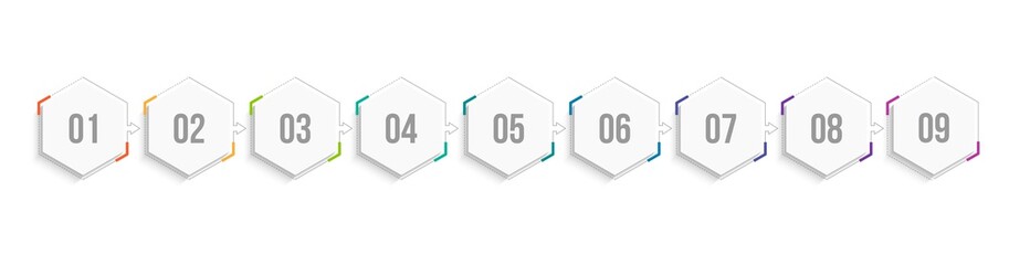 Minimal Business Infographics template. Timeline with 9 steps, options and marketing icons .Vector linear infographic with nine conected elements. Can be use for presentation.