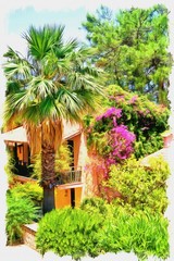On territory of resort hotel. Imitation of a picture. Oil paint. Illustration