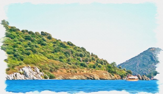 Coast of the Aegean sea. Imitation of a picture. Oil paint. Illustration