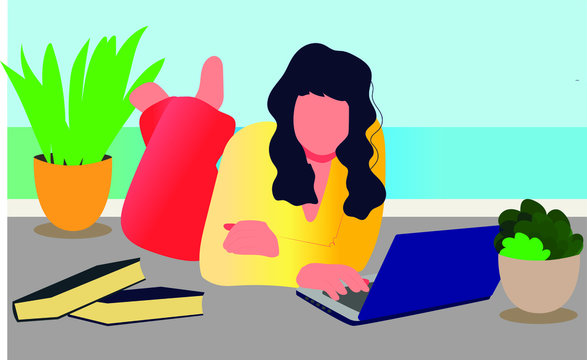 the girl is lying on the floor with a laptop. Work from home. An employee at a remote job during the virus. Vector image