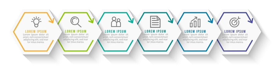 Minimal Business Infographics template. Timeline with 6 steps, options and marketing icons .Vector linear infographic with six conected elements. Can be use for presentation.
