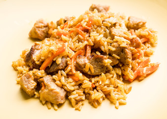 Traditional Uzbekistan pilaf on the rustic background. Selective focus. Shallow depth of field.