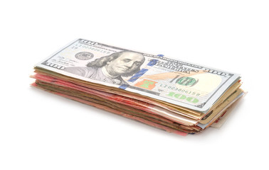 Closeup  of isolated dollar banknotes stacking on white background.