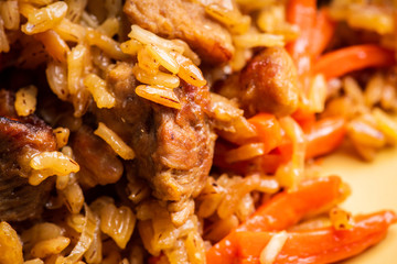 Traditional Uzbekistan pilaf on the rustic background. Selective focus. Shallow depth of field.