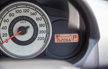 Fuel gauge with warning indicating low fuel tank, gas gauge indicating icon for gas station.  empty Petrol, gasoline gauge dash board in car with digital warning sign of run out of fuel turn on.