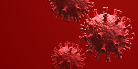 Image of covid-19 virus (coronavirus 2019) cells on red background with copy space for your text, 3d rendering.