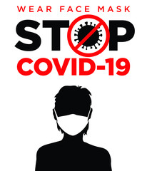Wear Face Mask - Stop COVID-19. Silhouette of a person wearing a face mask, with warning text.