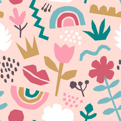 Cut out shapes seamless pattern on pink background with rainbows and flowers. Contemporary trendy texture for fabric and cover design. Cute collage.