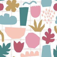 Paper cut out shapes pattern on check bakground. Contemporary trendy texture for fabric and cover design. Cute collage for children craft