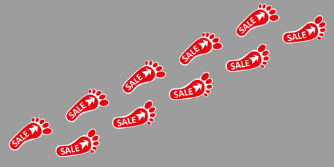Footpath human footpath. Barefoot prints with the inscription SALE. Abstract concept, icon set. Vector illustration on a gray background. Human footprint, icon. Vector