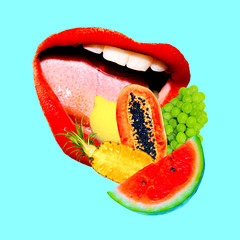 Contemporary art collage. Fruits lover mouth