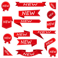 Red promotional labels for the recently arrived part of the store. New set of product tag stickers for sale. Flat style isolated on white background. Vector