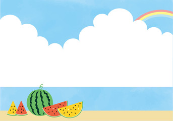 スイカと海と入道雲の背景素材