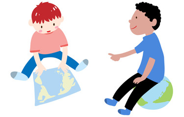 Fototapeta na wymiar 世界地図を一緒に見て遊ぶ男の子たちのイラスト