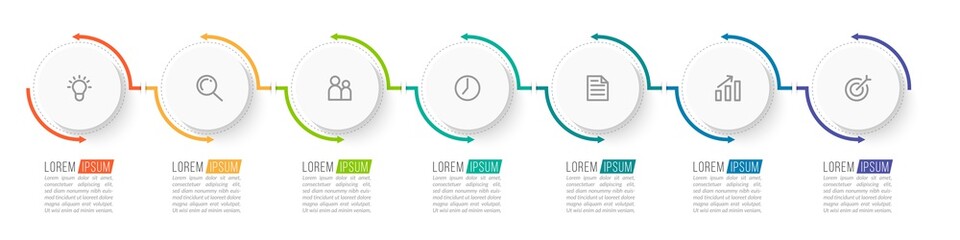Minimal Business Infographics template. Timeline with 7 steps, options and marketing icons .Vector linear infographic with seven conected elements. Can be use for presentation.