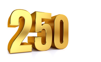 two hundred fifty, 3d illustration golden number 250 on white background and copy space on right hand side for text - obrazy, fototapety, plakaty