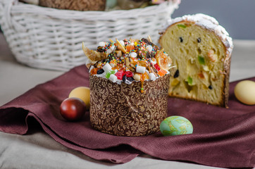 Easter basket with Easter cakes, wine and eggs.