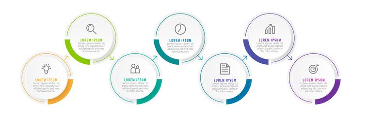 Minimal Business Infographics template. Timeline with 7 steps, options and marketing icons .Vector linear infographic with seven conected elements. Can be use for presentation.