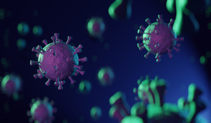 Fototapeta na wymiar coronavirus floating in fluid microscopic view, pandemic or virus infection concept in 3D