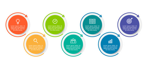 Minimal Business Infographics template. Timeline with 7 steps, options and marketing icons .Vector linear infographic with seven conected elements. Can be use for presentation.