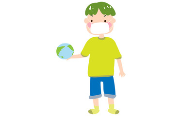 地球のおもちゃを手に持って眺めるマスクをした男の子のイラスト